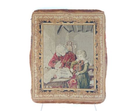 A Berlin polychrome tapestry panel, a violin lesson, together with a set of eleven embroidered silks, and a watercolour of a 