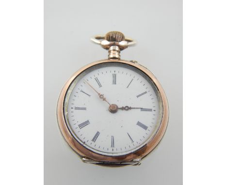 A silver open faced fob watch, the white dial with Roman numerals, enamel armorial to reverse.