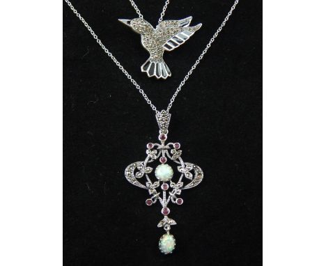 A silver, marcasite and opal drop pendant, on silver chain, together with a silver, marcasite and enamel bird pendant necklac