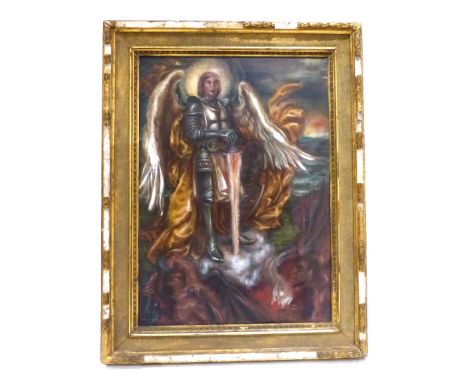 Hanna Fiala ?? (Continental school), portrait of St George, angle wings, sword and shield standing proud above the devil, oil