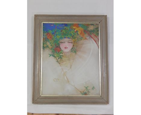 An Art Nouveau portrait, study of a lady with parakeet, watercolour on paper, signature indistinct dated 1917. 47 x 36cm