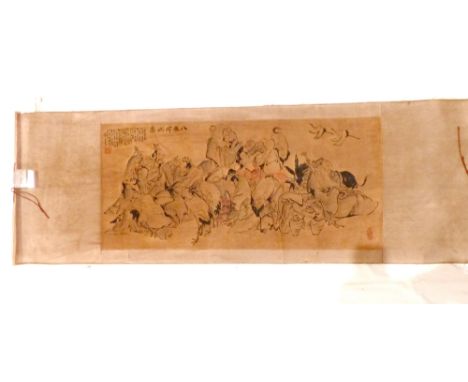 A Chinese scroll, decorated with figures and cranes, script to upper left hand corner.  