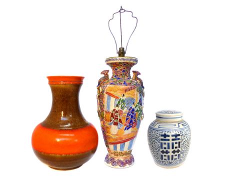 A West German pottery lamp base, with orange glazed band on a brown body, together with a late Satsuma lamp base, and a Chine