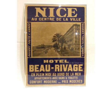 Advertising interest, early 20th century French tourism poster for Nice Hotel Beau Rivage, with image of the sea front buildi