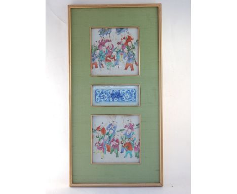 Two framed set of Chinese tiles, studies of men in procession with horses, dragons, lanterns and musical instruments, intersp
