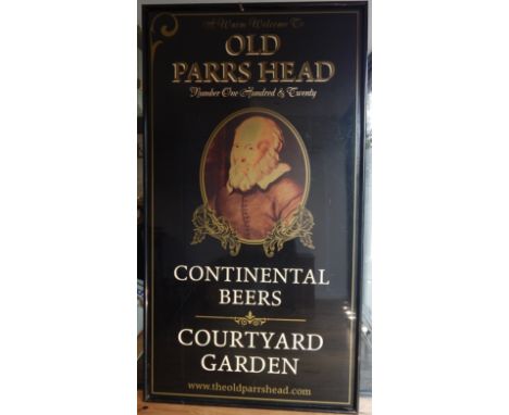 A pub sign, breweriana interest, 'Old Parrs Head', with a portrait of a 17th century gentleman. 272 x 149cm