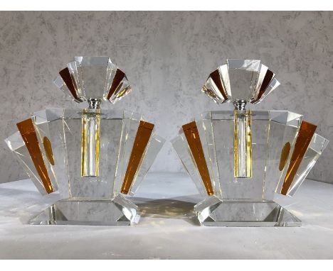 Pair of large amber coloured Art Deco style glass scent bottles, each approx 23cm in height