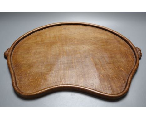 A Mouseman oak tray, carved with two mice, 47cm wide
