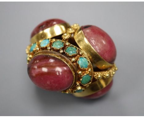 A modern Middle Eastern yellow metal, rhodonite, cultured pearl and turquoise set cluster pendant, 45mm, gross 35.7 grams.