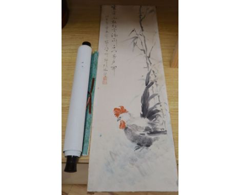 A Chinese watercolour of a cockerel and script, 74 x 24cm and a Chinese printed scroll