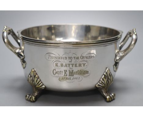 A Victorian Royal Horse Artillery silver plated presentation sauce tureen, circular, two-handled, 'Presented to the Officers 
