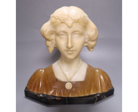 An Art Nouveau alabaster portrait bust, 'Laura', on black marble plinth, 26cm