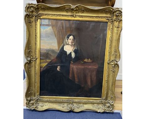 Victorian School, oil on canvas, Interior portrait of a lady seated at a table, a harp beyond, 75 x 62cmCONDITION: Overall ra