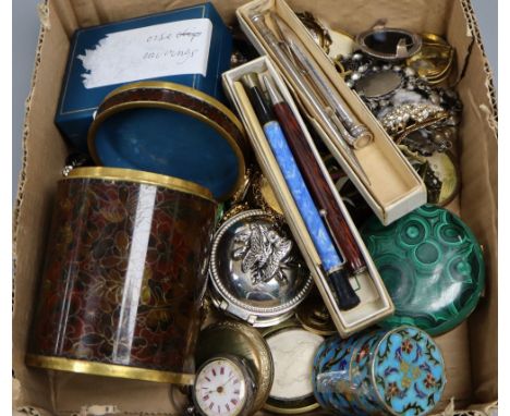 A Victorian paste belt and costume jewellery etc. including pocket watches and enamelled boxes.