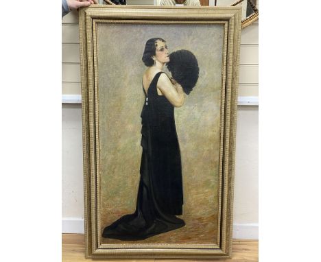A. Carotti, oil on canvas, Full length portrait of a lady holding a feather fan, signed and dated 1935, 140 x 62cm