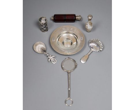 A 1970's silver commemorative dish, a Georgian silver caddy spoon, Dutch caddy spoons, sterling lorgnettes and other items.