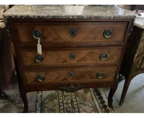 A French three drawer commode, width 90cm, depth 43cm, height 89cm