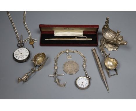 Two similar early 20th century white metal troika salts, a similar dolphin salt, two pens, two silver fob watches on alberts 