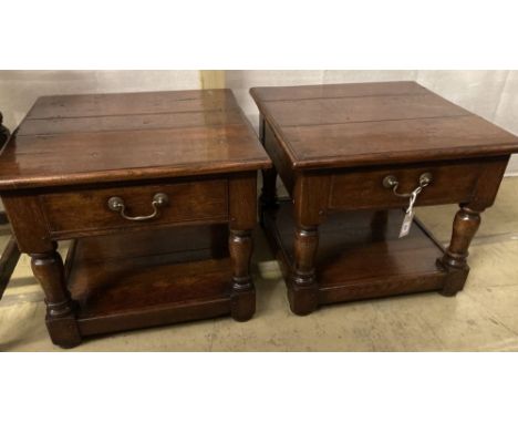 A pair of 18th century style oak square topped lamp tables, width 59cm, depth 59cm, height 50cm