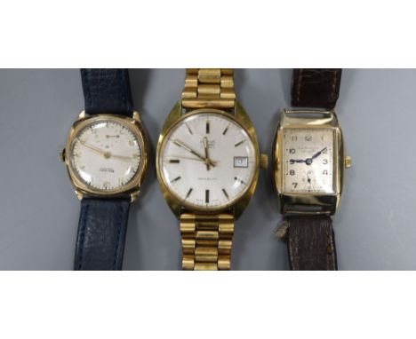 Two gentleman's 9ct gold manual wind wrist watches, Rotary &amp; J.W. Benson and one other watch.