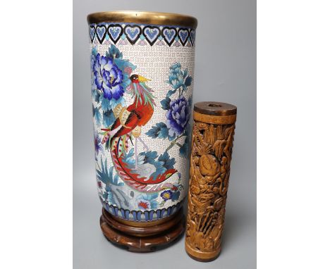 A Chinese bamboo incense stick holder, height 28cm and a Chinese cloisonne enamel vase, height 41cm