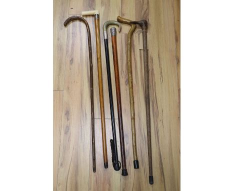 Six walking sticks, to include a Victorian ivory handled malacca cane, a Pitcairn Islands cocus wood stick and two other silv