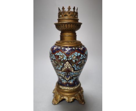 A 19th century French champleve-enamelled oil lamp, with gilt metal mounts, height 19cm