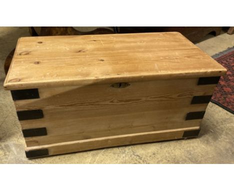 A Victorian iron bound pine trunk, width 82cm depth 41cm height 38cm