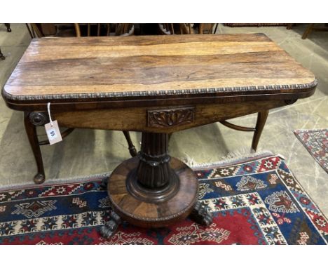 An early Victorian rosewood folding card table, width 90cm depth 45cm height 72cm