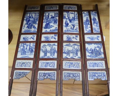 A Chinese blue and white porcelain four-fold low screen, 19th century, height 82cm, losses and damage