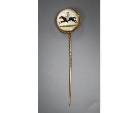 A Victorian yellow metal and Essex crystal, 'Hong Kong Races, 1881' stick pin, decorated with horse &amp; jockey, 77m, gross 