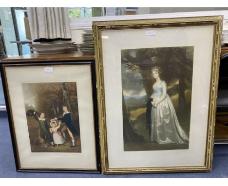 Richard Smyth, coloured mezzotint, Portrait of three children 46 x 34cm and a mezzotint of a lady by Busiere, 61 x 40cm