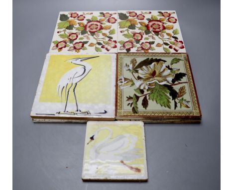 Six Victorian transfer printed ceramic tiles, each 15cm sq. and three painted tiles