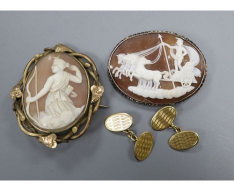 A pair of 18ct gold cufflinks, 7.2 grams and two Victorian cameo brooches.