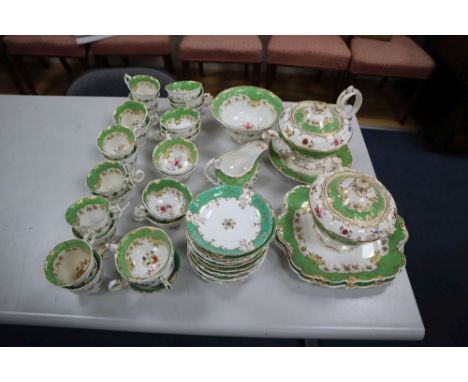 A Victorian Nash &amp; Co part tea service, with floral decoration on a gilt-heightened apple green ground (faults)