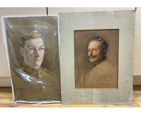 German School c.1909, lithograph on buff paper, Kaiser Wilhelm II, indistinctly signed Jubens? 1909, 36 x 24cm and an oil on 