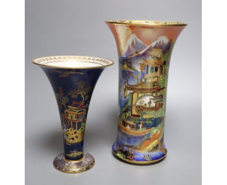 A Carltonware Temple pattern lustre vase and a powder blue trumpet shaped vase, tallest 21cm