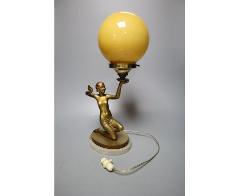 An Art Deco gilt patinated spelter figural globe lamp, overall height 43cm