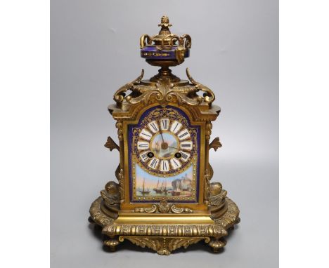 A French ormolu and sevres style porcelain mounted mantel clock, late 19th century, 31.5cm high