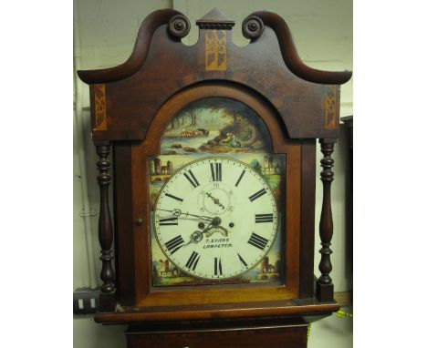 VICTORIAN WELSH OAK AND MAHOGANY EIGHT DAY LONG CASE CLOCK marked: T. Evans, Lampeter, the hood having broken swan neck pedim