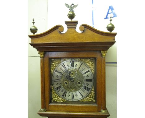 18TH CENTURY OAK CASED, EIGHT DAY, LONG CASE CLOCK, having later added broken swan neck pediment with ball and spike finials 