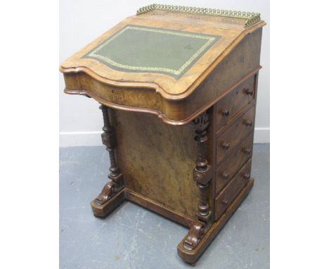 VICTORIAN INLAID WALNUT DAVENPORT DESK, having brass gallery, tooled leather writing surface and fitted drawers to one side, 
