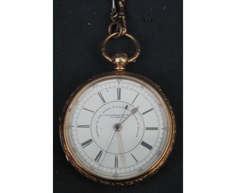 18CT GOLD OPEN FACED, KEY WIND, CHRONOGRAPH POCKET WATCH, face marked: J. Hargreaves and Company, Liverpool, makers to the Qu