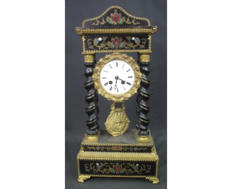 19TH CENTURY FRENCH EBONISED AND BOULLE WORK ARCHITECTURAL PORTICO CLOCK, having arched pediment over circular enamel face wi