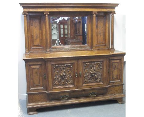 VICTORIAN WALNUT MIRROR BACKED SIDEBOARD, having mirror back with moulded cornice over a pair of fielded panels, flanking bev