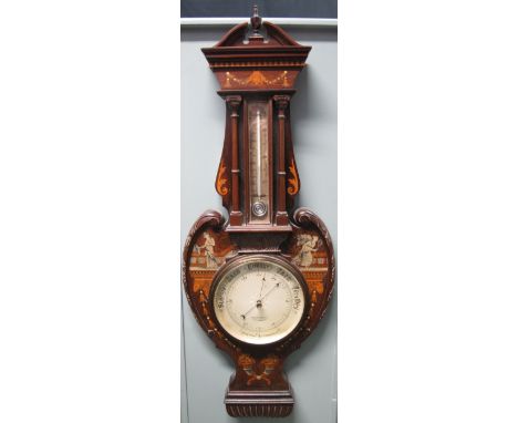 LATE VICTORIAN INLAID ROSEWOOD STYLISED WHEEL TYPE ANEROID BAROMETER, overall with inlaid decoration and having vase finial t