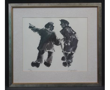 AFTER SIR JOHN KYFFIN WILLIAMS R.A. KBE (Welsh, 1918-2006), portrait of two farmers chatting, limited edition monochrome prin