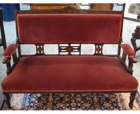 LATE 19TH CENTURY ROSEWOOD UPHOLSTERED TWO SEATER PARLOUR SOFA with satinwood and other inlay, decorated with Classical urn a