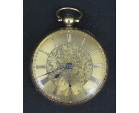 18CT GOLD KEY WIND, OPEN FACED POCKET WATCH, having engine turned, foliate engraved Roman face with seconds dial, fusee movem