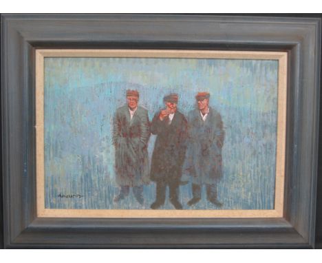ANEURIN M. JONES, (Welsh, 1930-2017), full length portrait study of three Welsh farmers, signed, acrylic on board, 36 x 54cm.